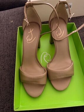 Sam Edelman Taupe Ankle-Strap Block Heels
